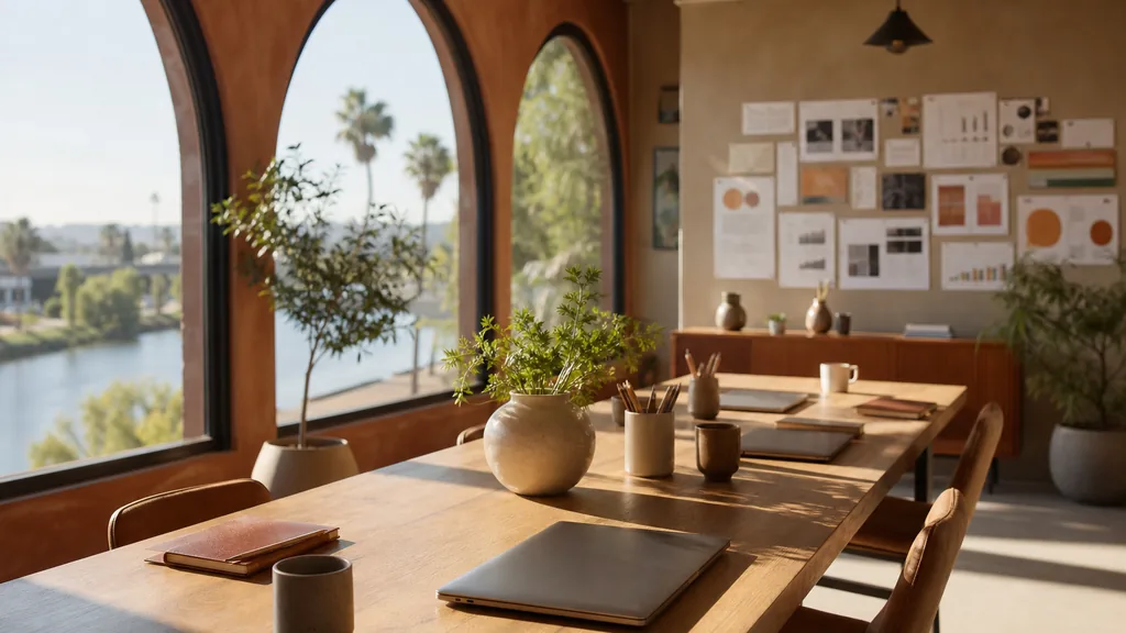 Editorial photograph of an empty modern marketing studio in a Riverside office with terracotta tones, arched windows and hard dry Southern California sun, a widescreen monitor showing a blank reporting view, a keyboard and a mug on a wooden desk, no people and no signage