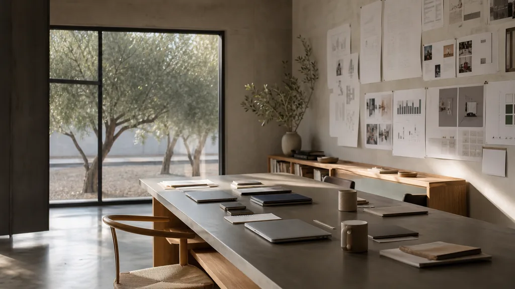 Editorial photograph of an empty modern marketing studio in a Fresno studio with pale concrete, wide windows, olive trees outside and strong Central Valley light, a widescreen monitor showing a blank reporting view, a keyboard and a mug on a wooden desk, no people and no signage
