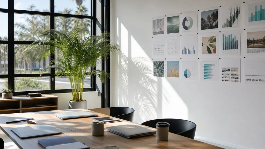 Editorial photograph of an empty modern marketing studio in an Anaheim office with white walls, black steel frames, palm shadows and even Orange County daylight, a widescreen monitor showing a blank reporting view, a keyboard and a mug on a wooden desk, no people and no signage