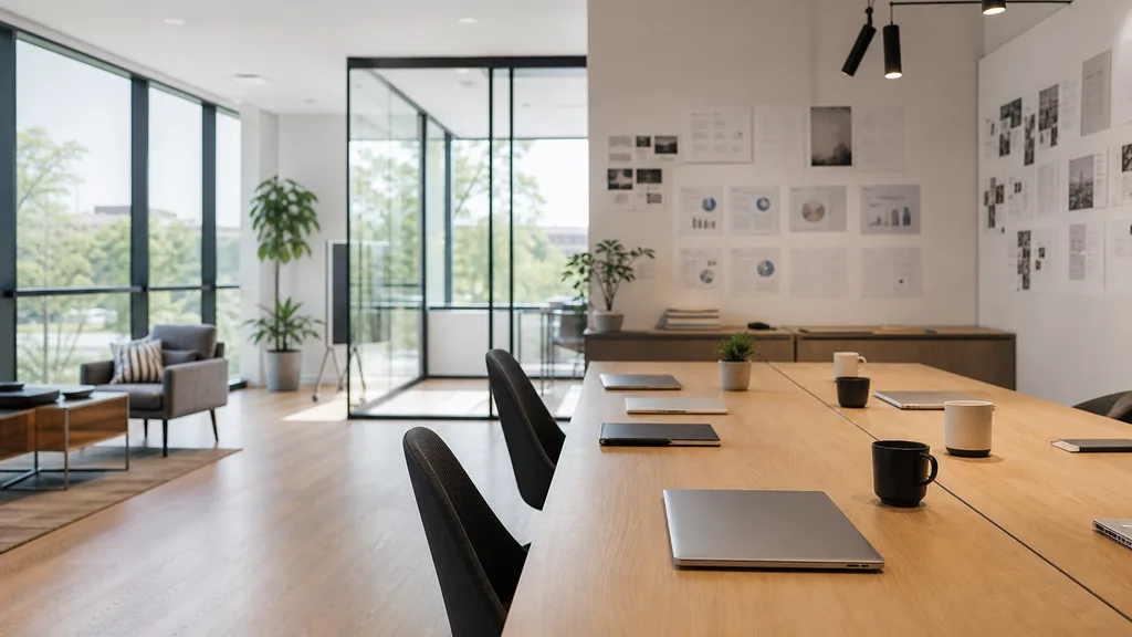 Editorial photograph of an empty modern marketing studio in an Arlington Texas office with warm oak floors, wide glass and bright flat North Texas light, a widescreen monitor showing a blank reporting view, a keyboard and a mug on a wooden desk, no people and no signage
