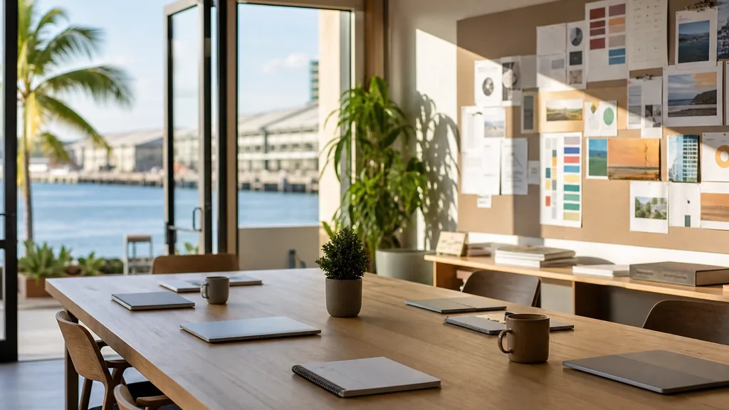 Editorial photograph of an empty modern marketing studio in a Honolulu harbourside office with light timber, open glass doors and clear Pacific daylight, a widescreen monitor showing a blank reporting view, a keyboard and a mug on a wooden desk, no people and no signage