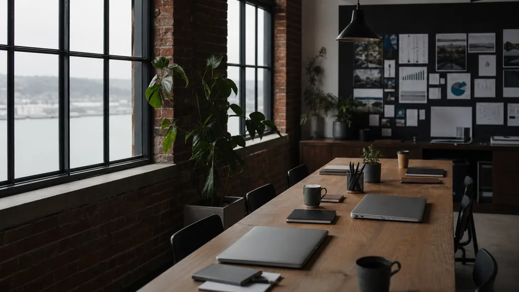 Editorial photograph of an empty modern marketing studio in a Tacoma warehouse office with exposed brick, black windows and cool grey Puget Sound light, a widescreen monitor showing a blank reporting view, a keyboard and a mug on a wooden desk, no people and no signage