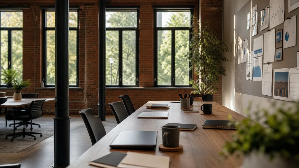 Editorial photograph of an empty modern marketing studio in a Spokane brick and timber office with tall windows, iron columns and crisp inland northwest light, a widescreen monitor showing a blank reporting view, a keyboard and a mug on a wooden desk, no people and no signage