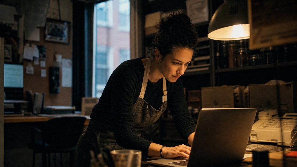 A small-business owner in an apron leaning over a laptop on a cluttered back-office desk late in the day, photographed in Boston
