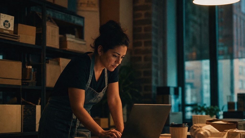A small-business owner in an apron leaning over a laptop on a cluttered back-office desk late in the day, photographed in Boston