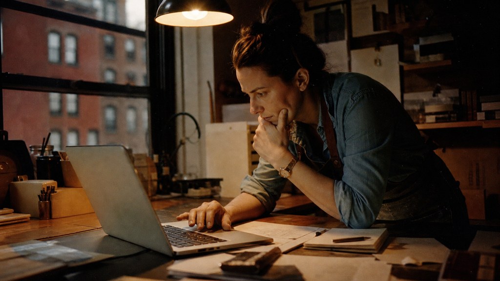 A small-business owner in an apron leaning over a laptop on a cluttered back-office desk late in the day, photographed in Boston