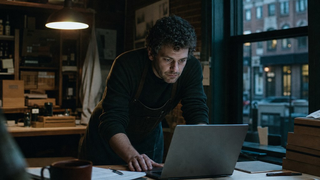 A small-business owner in an apron leaning over a laptop on a cluttered back-office desk late in the day, photographed in Boston
