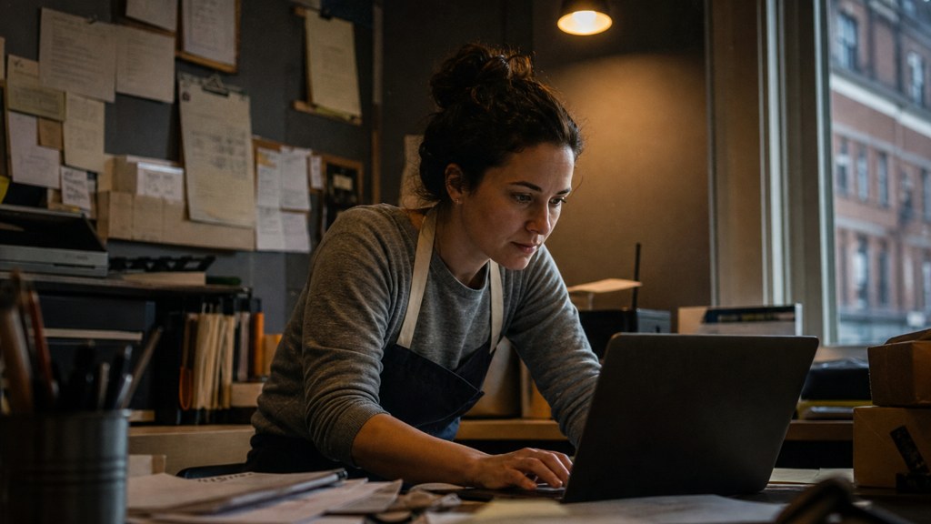 A small-business owner in an apron leaning over a laptop on a cluttered back-office desk late in the day, photographed in Boston