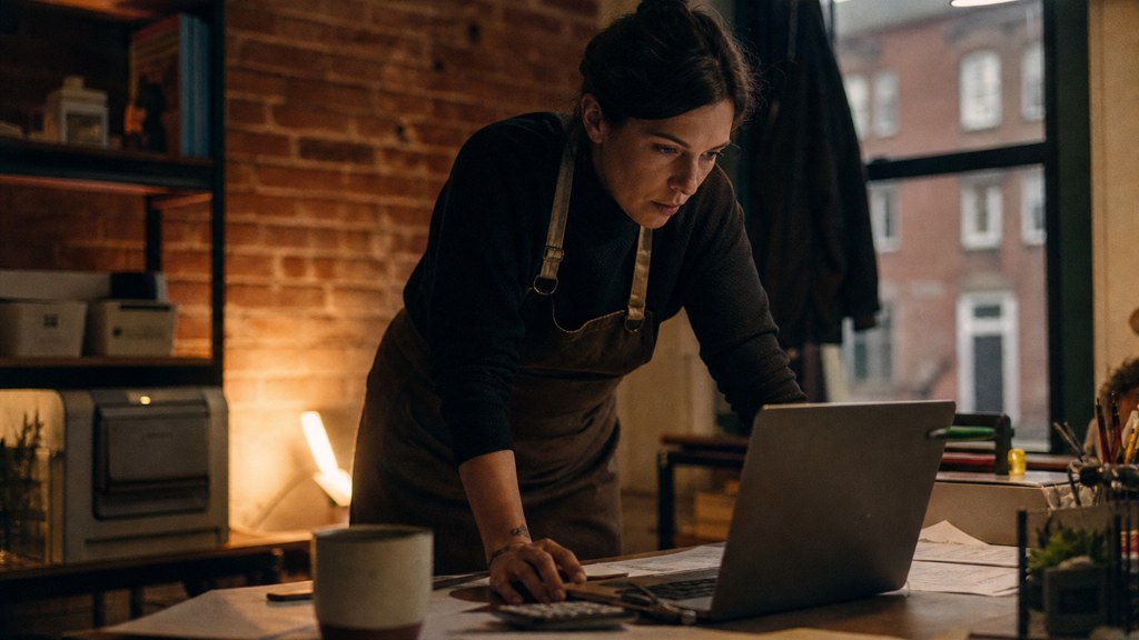 A small-business owner in an apron leaning over a laptop on a cluttered back-office desk late in the day, photographed in Boston