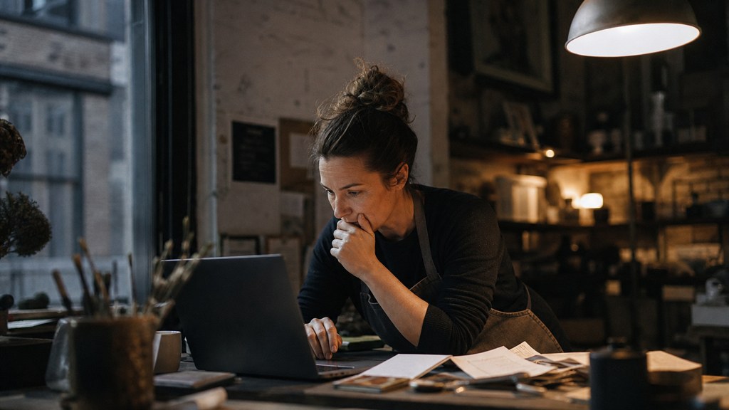 A small-business owner in an apron leaning over a laptop on a cluttered back-office desk late in the day, photographed in Boston