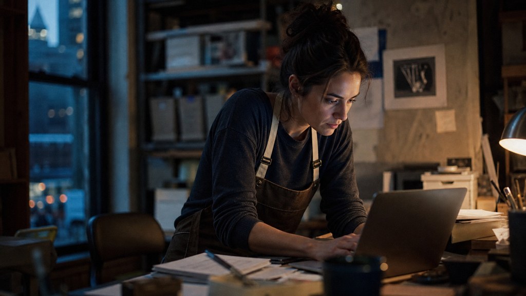 A small-business owner in an apron leaning over a laptop on a cluttered back-office desk late in the day, photographed in Boston