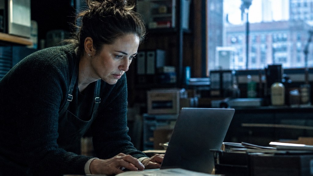 A small-business owner in an apron leaning over a laptop on a cluttered back-office desk late in the day, photographed in Boston