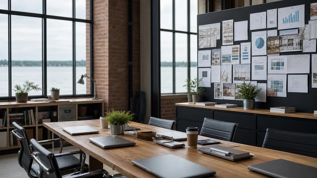 Editorial photograph of an empty modern marketing studio in a Rochester loft office with red brick, black steel windows and soft grey lake light, a widescreen monitor showing a blank reporting view, a keyboard and a mug on a wooden desk, no people and no signage