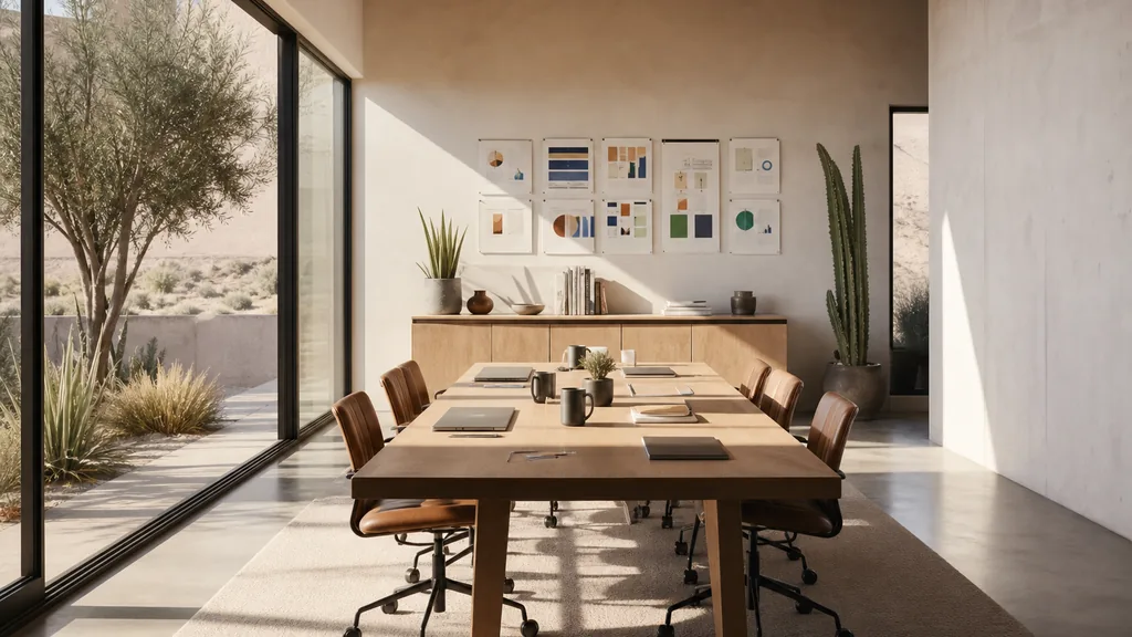 Editorial photograph of an empty modern marketing studio in a Reno office with pale plaster, wide glass, desert plants and hard high-desert sun, a widescreen monitor showing a blank reporting view, a keyboard and a mug on a wooden desk, no people and no signage