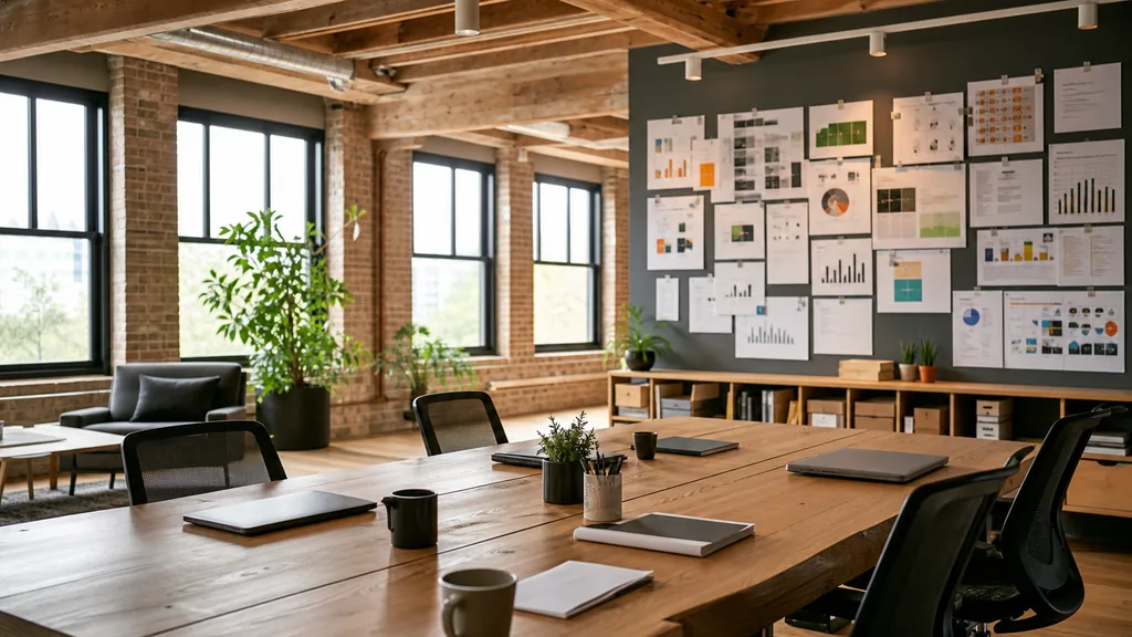 Editorial photograph of an empty modern marketing studio in a Des Moines office with warm oak, exposed beams and bright flat midwestern light, a widescreen monitor showing a blank reporting view, a keyboard and a mug on a wooden desk, no people and no signage