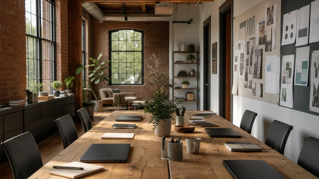 Editorial photograph of an empty modern marketing studio in a Greensboro converted textile mill office with brick, timber beams and warm Carolina light, a widescreen monitor showing a blank reporting view, a keyboard and a mug on a wooden desk, no people and no signage