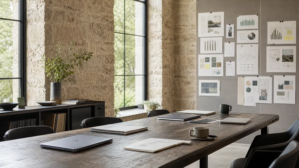 Editorial photograph of an empty modern marketing studio in a Lexington office with limestone walls, tall windows and soft green Kentucky daylight, a widescreen monitor showing a blank reporting view, a keyboard and a mug on a wooden desk, no people and no signage
