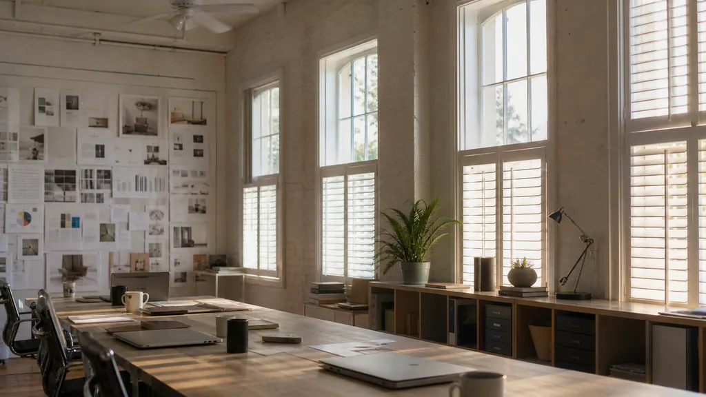 Editorial photograph of an empty modern marketing studio in a Baton Rouge office with white shutters, ceiling fans, tall windows and humid golden light, a widescreen monitor showing a blank reporting view, a keyboard and a mug on a wooden desk, no people and no signage