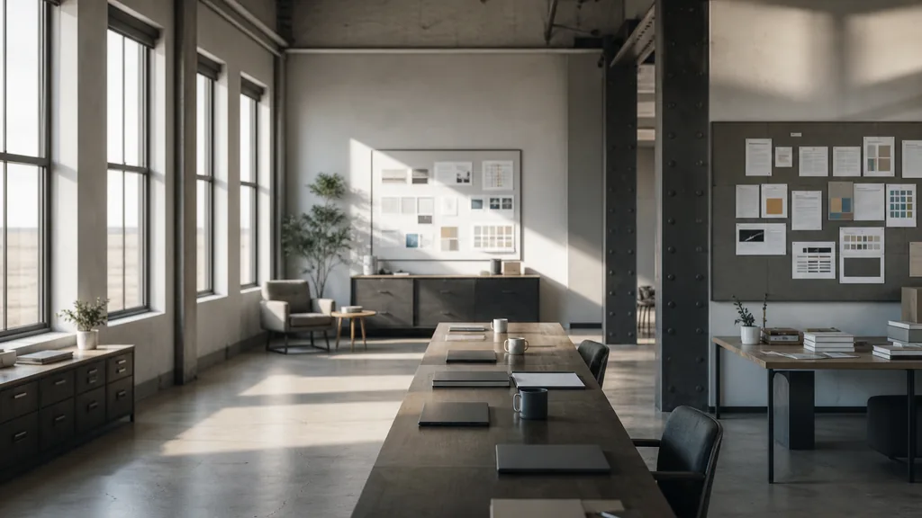 Editorial photograph of an empty modern marketing studio in a Wichita office with pale concrete, riveted steel details and wide flat prairie light, a widescreen monitor showing a blank reporting view, a keyboard and a mug on a wooden desk, no people and no signage