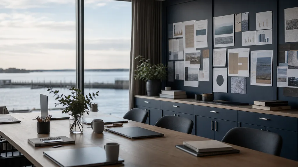 Editorial photograph of an empty modern marketing studio in a Norfolk waterfront office with navy panelling, wide glass and cool Atlantic morning light, a widescreen monitor showing a blank reporting view, a keyboard and a mug on a wooden desk, no people and no signage