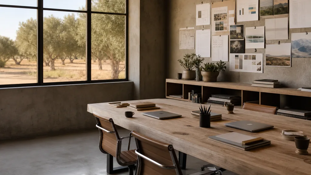 Editorial photograph of an empty modern marketing studio in a Fresno studio with pale concrete, wide windows, olive trees outside and strong Central Valley light, a widescreen monitor showing a blank reporting view, a keyboard and a mug on a wooden desk, no people and no signage