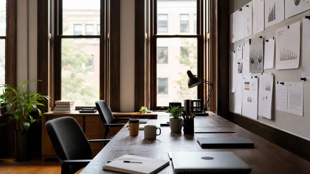 Editorial photograph of an empty modern marketing studio in a Hartford office with dark walnut, tall sash windows and cool New England daylight, a widescreen monitor showing a blank email campaign view, a keyboard and a mug on a wooden desk, no people and no signage