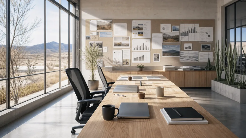 Editorial photograph of an empty modern marketing studio in a Reno office with pale plaster, wide glass, desert plants and hard high-desert sun, a widescreen monitor showing a blank email campaign view, a keyboard and a mug on a wooden desk, no people and no signage