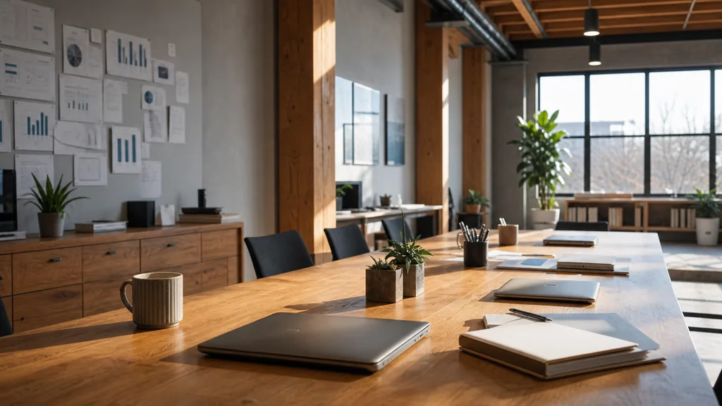 Editorial photograph of an empty modern marketing studio in a Des Moines office with warm oak, exposed beams and bright flat midwestern light, a widescreen monitor showing a blank email campaign view, a keyboard and a mug on a wooden desk, no people and no signage