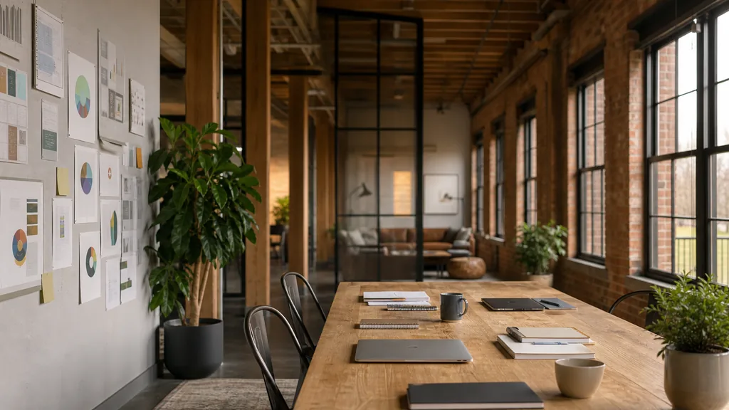 Editorial photograph of an empty modern marketing studio in a Greensboro converted textile mill office with brick, timber beams and warm Carolina light, a widescreen monitor showing a blank email campaign view, a keyboard and a mug on a wooden desk, no people and no signage