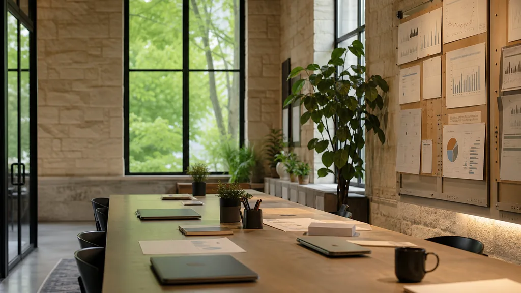 Editorial photograph of an empty modern marketing studio in a Lexington office with limestone walls, tall windows and soft green Kentucky daylight, a widescreen monitor showing a blank email campaign view, a keyboard and a mug on a wooden desk, no people and no signage