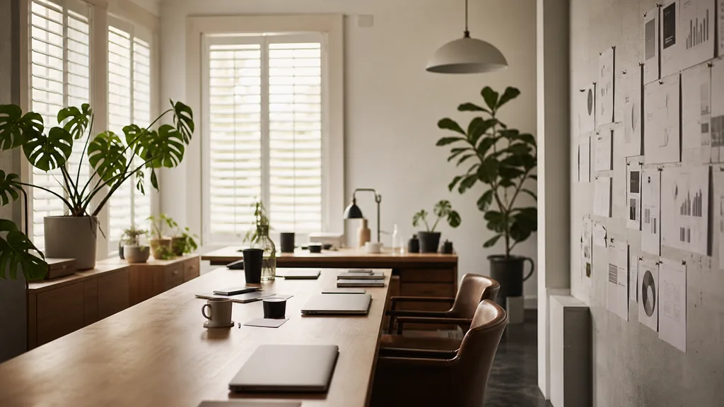 Editorial photograph of an empty modern marketing studio in a Baton Rouge office with white shutters, ceiling fans, tall windows and humid golden light, a widescreen monitor showing a blank email campaign view, a keyboard and a mug on a wooden desk, no people and no signage