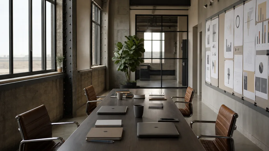Editorial photograph of an empty modern marketing studio in a Wichita office with pale concrete, riveted steel details and wide flat prairie light, a widescreen monitor showing a blank email campaign view, a keyboard and a mug on a wooden desk, no people and no signage
