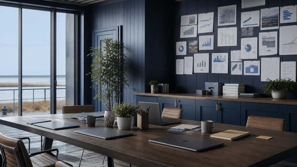 Editorial photograph of an empty modern marketing studio in a Norfolk waterfront office with navy panelling, wide glass and cool Atlantic morning light, a widescreen monitor showing a blank email campaign view, a keyboard and a mug on a wooden desk, no people and no signage