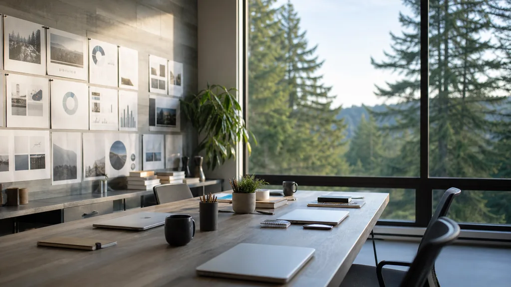 Editorial photograph of an empty modern marketing studio in a Tacoma office with grey timber, wide windows, evergreens outside and soft Puget Sound light, a widescreen monitor showing a blank email campaign view, a keyboard and a mug on a wooden desk, no people and no signage