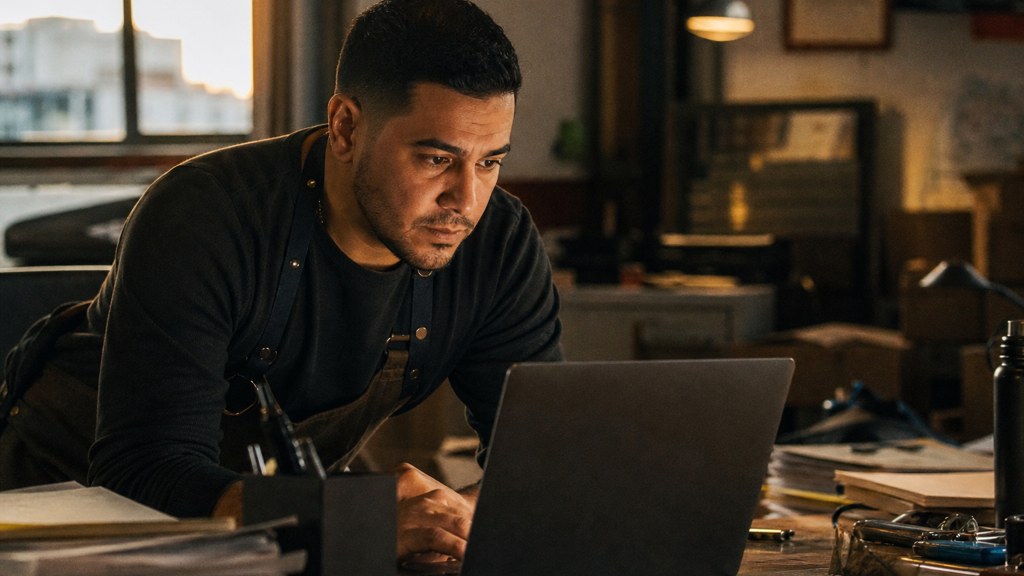 A small-business owner in an apron leaning over a laptop on a cluttered back-office desk late in the day, photographed in Bridgeport