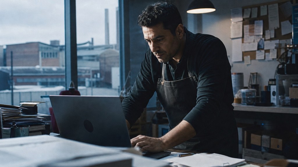 A small-business owner in an apron leaning over a laptop on a cluttered back-office desk late in the day, photographed in Bridgeport