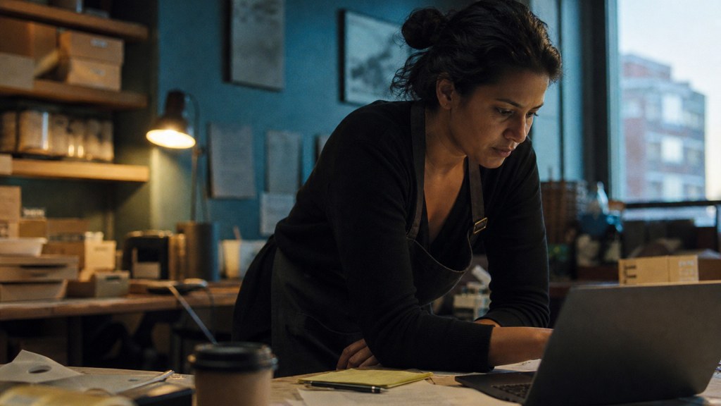 A small-business owner in an apron leaning over a laptop on a cluttered back-office desk late in the day, photographed in Bridgeport