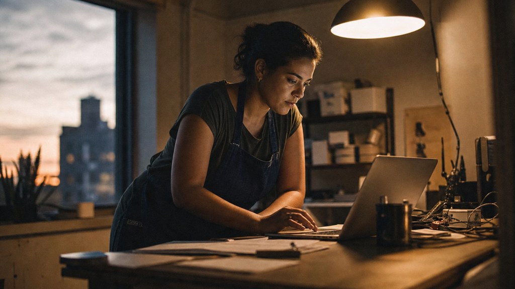 A small-business owner in an apron leaning over a laptop on a cluttered back-office desk late in the day, photographed in Bridgeport