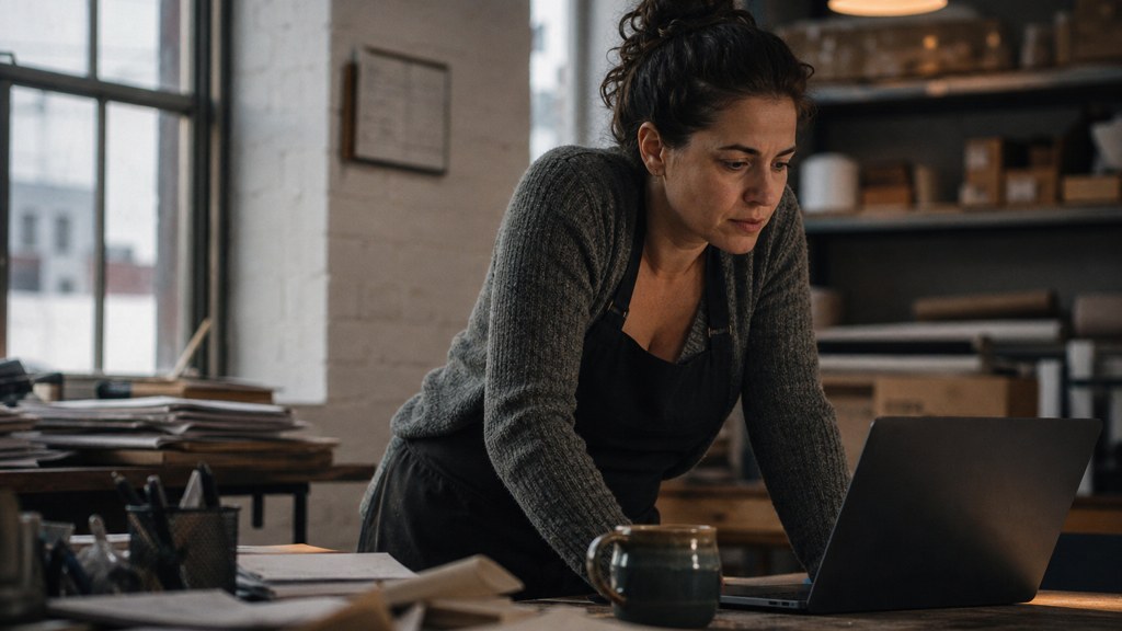 A small-business owner in an apron leaning over a laptop on a cluttered back-office desk late in the day, photographed in Bridgeport