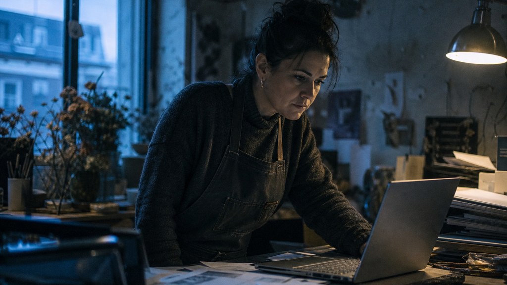 A small-business owner in an apron leaning over a laptop on a cluttered back-office desk late in the day, photographed in Bridgeport