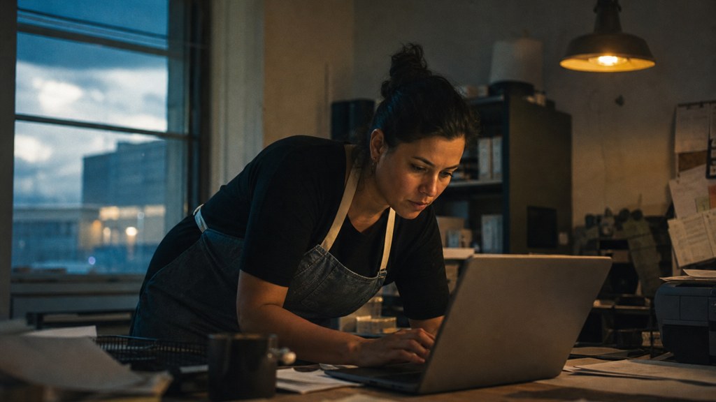 A small-business owner in an apron leaning over a laptop on a cluttered back-office desk late in the day, photographed in Bridgeport