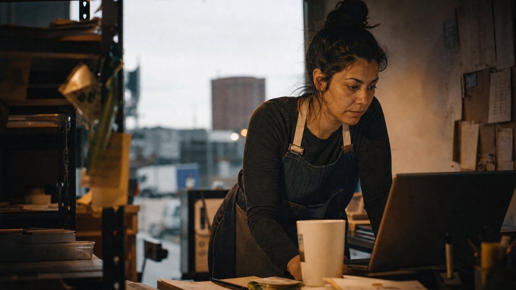 A small-business owner in an apron leaning over a laptop on a cluttered back-office desk late in the day, photographed in Bridgeport