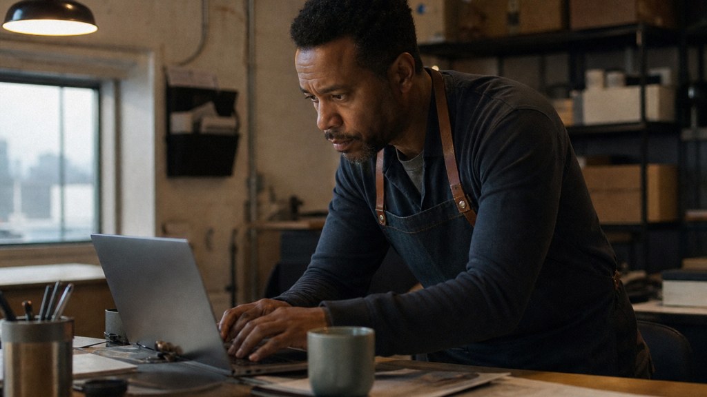 A small-business owner in an apron leaning over a laptop on a cluttered back-office desk late in the day, photographed in Bridgeport