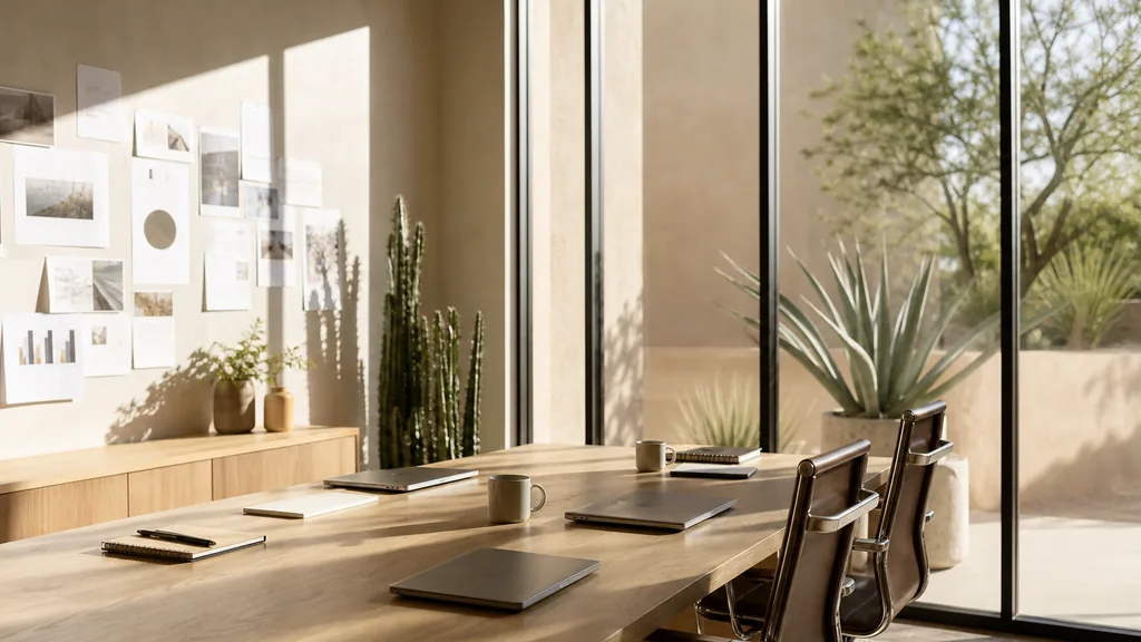 Editorial photograph of an empty modern marketing studio in a Scottsdale office with pale stucco, desert plants, wide glass and hard Sonoran sunlight, a widescreen monitor showing a blank reporting view, a keyboard and a mug on a wooden desk, no people and no signage