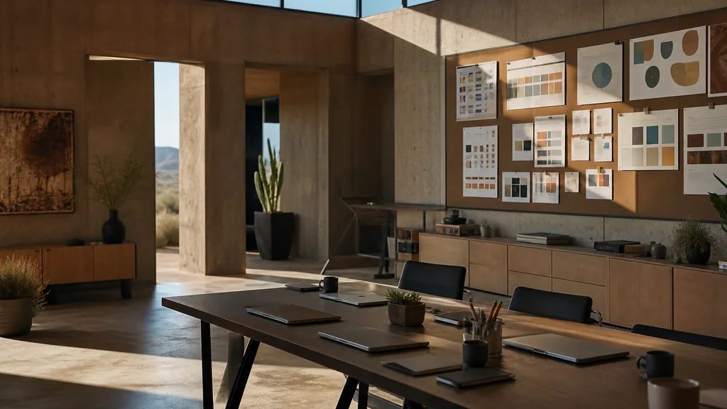 Editorial photograph of an empty modern marketing studio in a Mesa office with warm concrete, clerestory windows and flat bright Arizona light, a widescreen monitor showing a blank reporting view, a keyboard and a mug on a wooden desk, no people and no signage