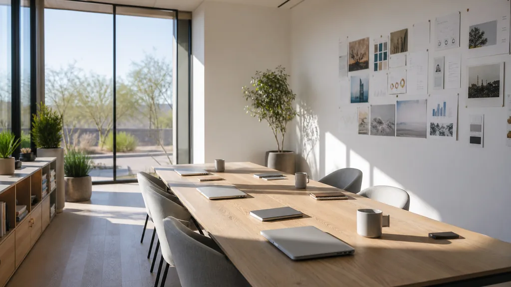 Editorial photograph of an empty modern marketing studio in a Chandler office with light oak, white walls, tall glass and clean high-desert daylight, a widescreen monitor showing a blank reporting view, a keyboard and a mug on a wooden desk, no people and no signage