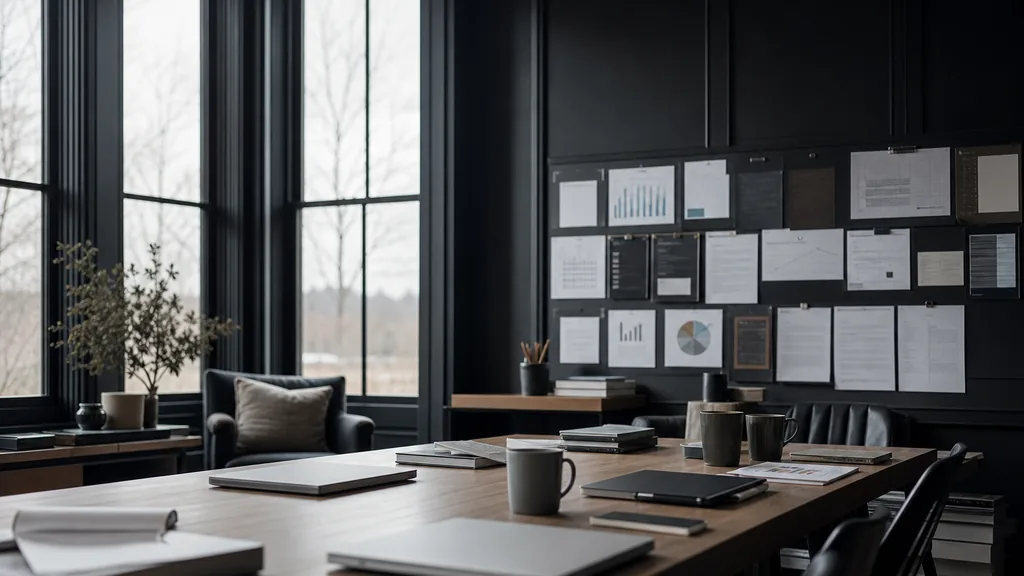 Editorial photograph of an empty modern marketing studio in a Stamford office with dark panelling, tall windows and cool grey Connecticut daylight, a widescreen monitor showing a blank reporting view, a keyboard and a mug on a wooden desk, no people and no signage