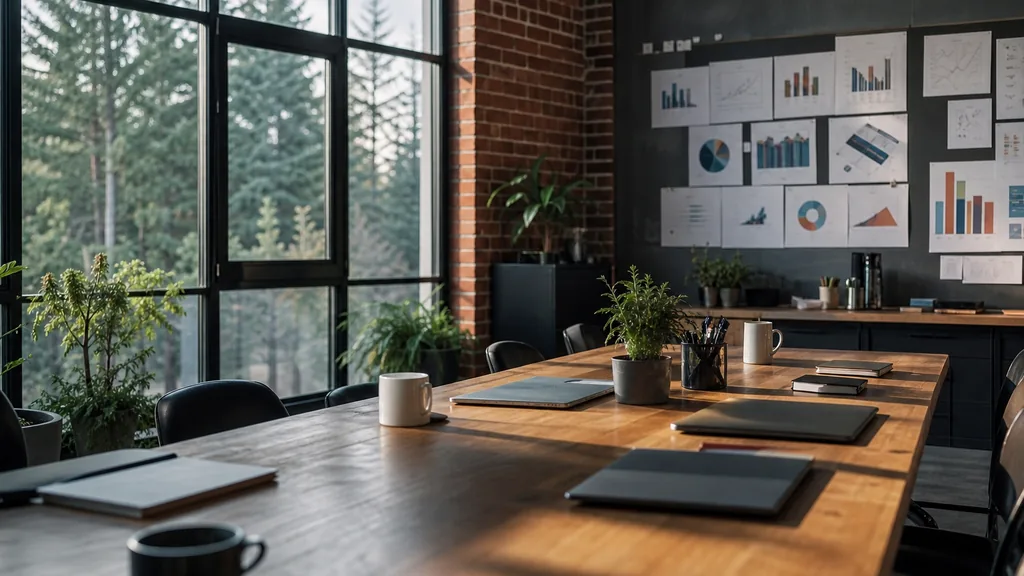 Editorial photograph of an empty modern marketing studio in a Spokane office with red brick, black steel windows, pine outside and soft northwest light, a widescreen monitor showing a blank reporting view, a keyboard and a mug on a wooden desk, no people and no signage