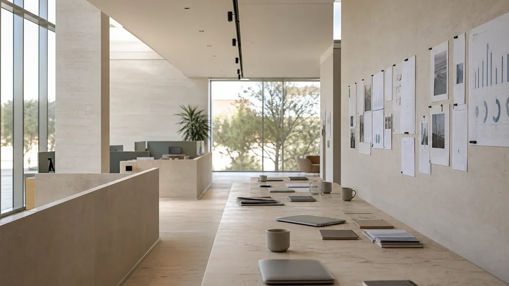 Editorial photograph of an empty modern marketing studio in a Plano office with pale limestone, wide glass, low partitions and bright flat Texas light, a widescreen monitor showing a blank reporting view, a keyboard and a mug on a wooden desk, no people and no signage