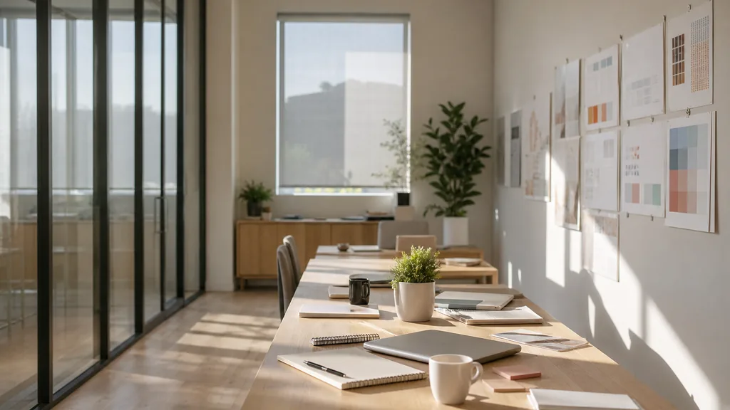 Editorial photograph of an empty modern marketing studio in a Frisco office with white walls, blond wood, glass partitions and hard north Texas sun, a widescreen monitor showing a blank reporting view, a keyboard and a mug on a wooden desk, no people and no signage